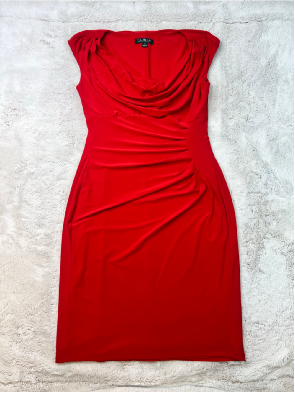 Lauren Ralph Lauren Red Cowl Neck Sheath Dress Size 8 Stretchy Ruched Flattering